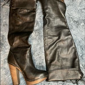 Steven leather upper knee high or slouch high heel boot.
